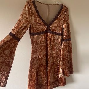 90s velvet bell sleeved burnt orange dress